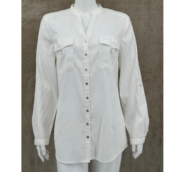 Style & Co Top Women 10 Ivory Satiny Button Up Long Sleeve Clean Girl Minimalist - Picture 1 of 9